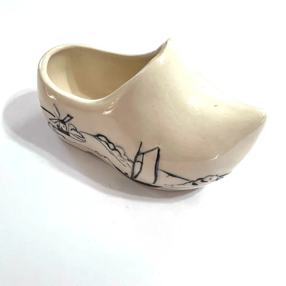 Vintage 1974 Delft Porcelain Clog Dutch Shoe Handmade Windmill Decor Cream Black